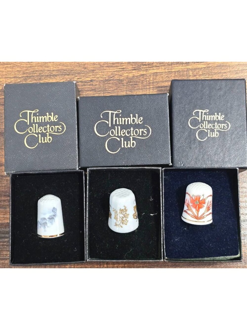 Thimble Collectors Club Porcelain Set 3 Arctic Animals Floral Gold Orange Flower